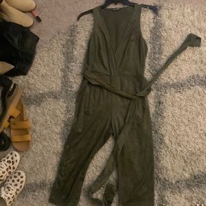 Fashion nova v neck green romper with tie at waist size medium